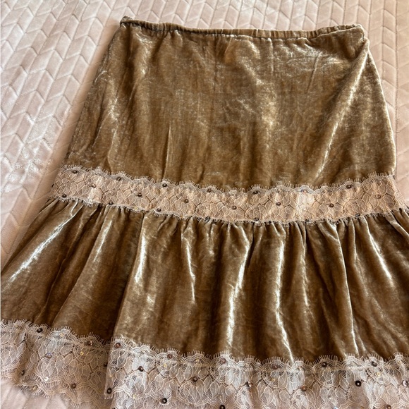 Whimsigoth Fairycore Gold Velvet Skirt Eyelash Lace Trim Sequin Boho Grunge Sz L - Picture 3 of 8